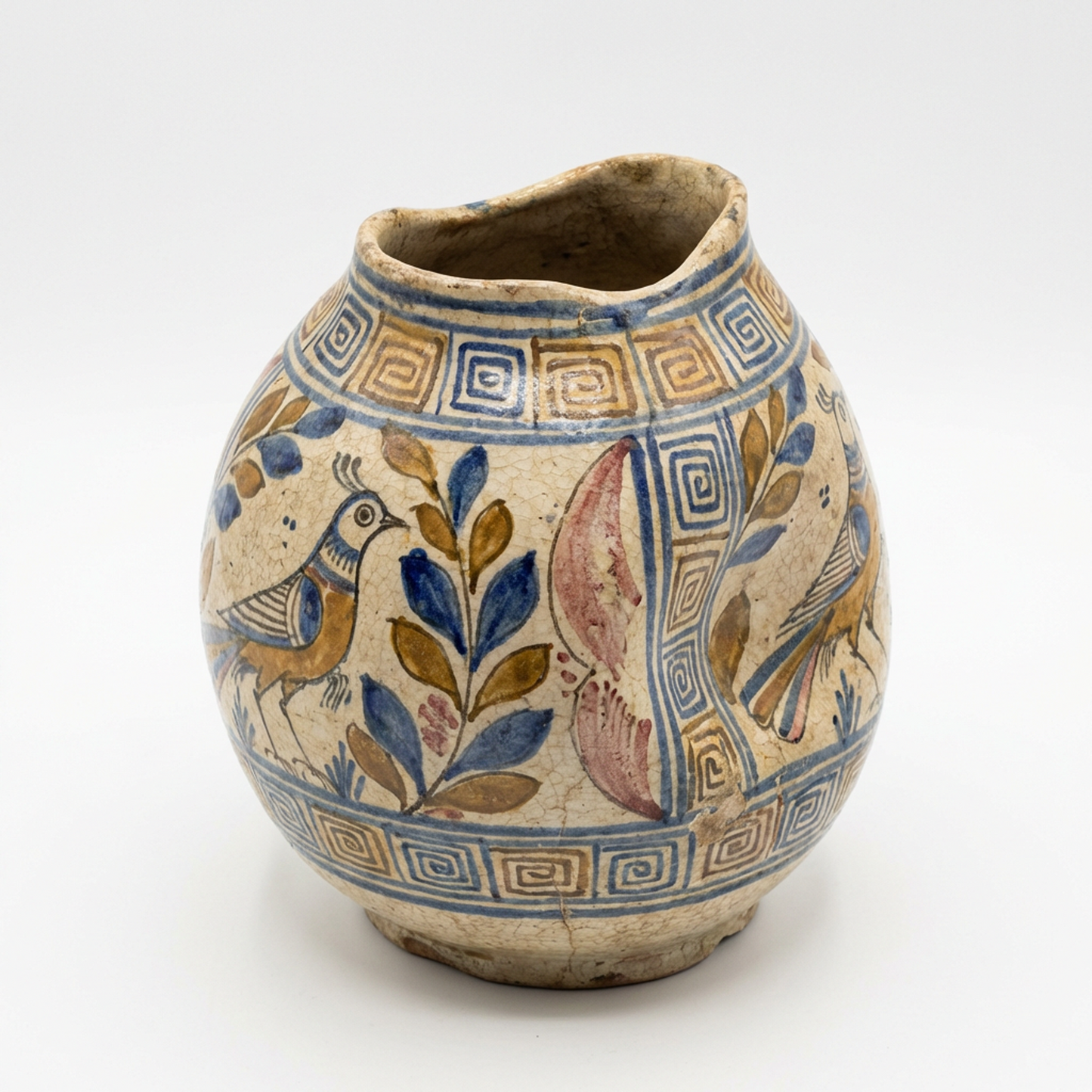 Aegean Bird Motif Crackle-Glaze Vase
