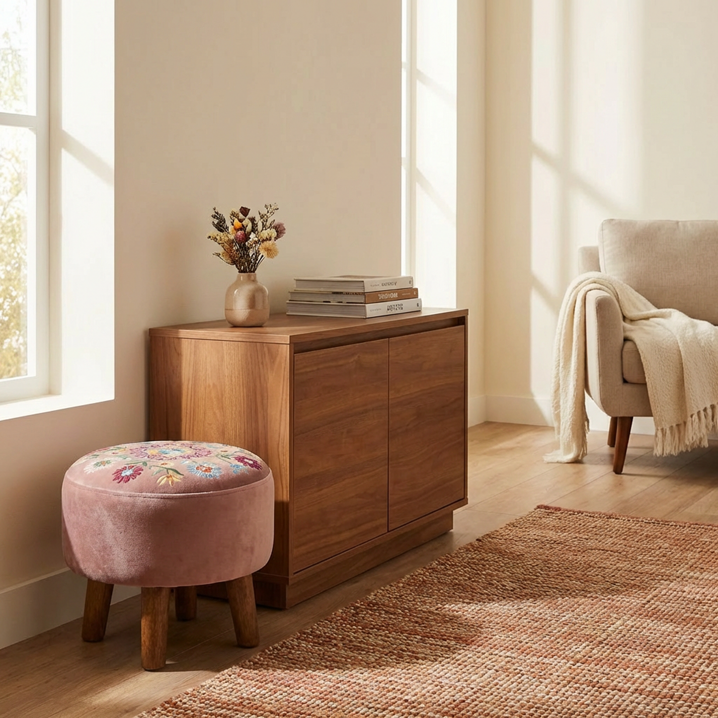 Marigold Embroidered Velvet Ottoman Stool
