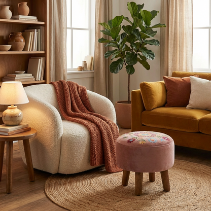 Marigold Embroidered Velvet Ottoman Stool