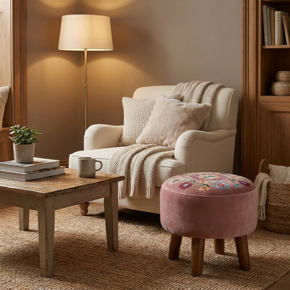 Marigold Embroidered Velvet Ottoman Stool