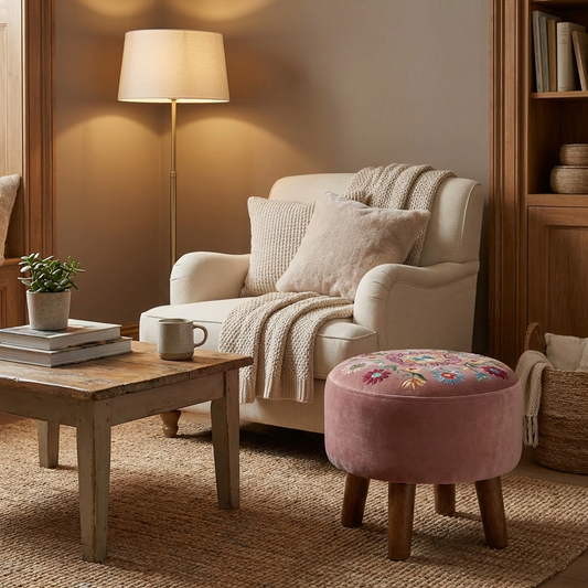 Marigold Embroidered Velvet Ottoman Stool